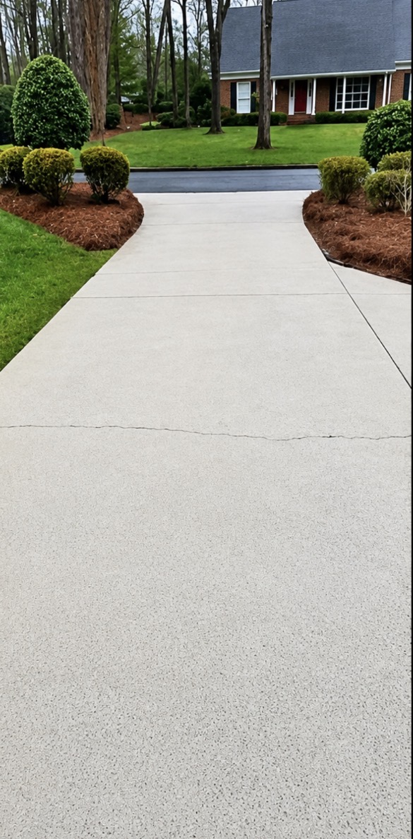 The same driveway cleaned to an even, bright concrete finish after pressure washing