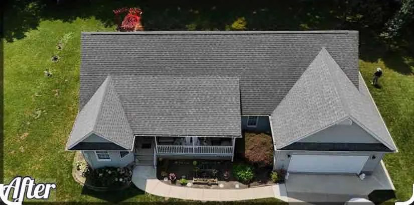 The same asphalt shingle roof clean and uniform after soft wash treatment